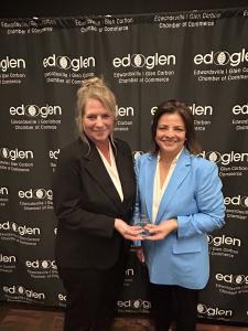 Co-owners Laura Reed and Jan Carpenter accept award at Edwardsville | Glen Carbon Chamber of Commerce awards dinner.