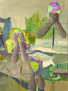 Sueim Koo, Married Life - I was covering my eyes, ears and mouth, 2021. Mixed media collage on canvas, 24” x 18”