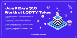 Promotional banner for LQDTY token offering a $10 welcome bonus, no gas fees, and built-in trading options on a secure blockchain platform