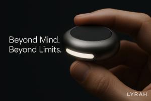 Lyrah device held by a human hand, showing its metallic circular shape with a lateral light strip illuminated. Dark background.