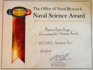 U.S. Navy Naval Science Award presented to Maximillian Kopp for excellence in environmental science at the Montgomery County Science Research Competition.
