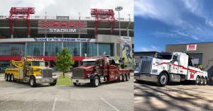 West Nashville Wrecker Service Heavy Duty Tow Trucks in front of the Nissan Stadium and  and Dad's Towing Service Heavy Duty Wrecker in front of the terminal