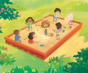 ​Children laughing as a dog jumps into their sandbox, scattering sand and creating a playful mess.