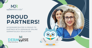 A branded image of a female nurse, the Dermwise mascot, Dermit and logos for both myDermRecruiter and Dermwise.