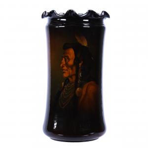 Unmarked Art Pottery umbrella stand with an hand-painted portrait of a Native American brave, 21 ¾ inches by 11 ½ inches, attributed to Roseville/Weller. Estimate: $2,000-$4,000