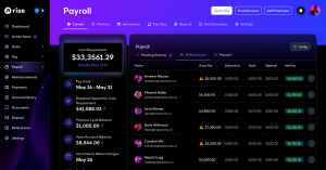 Rise Payroll section shows all of the workers employed and when their pay will be sent to their accounts