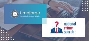TimeForge and NCS logos over a background of hands typing on a laptop.