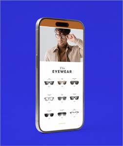 Smartphone displaying GoHub’s digital eyewear catalog – sunglasses and prescription glasses presented in a sleek eCommerce interface