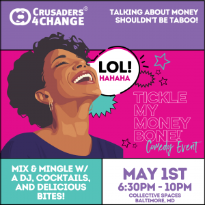 Woman laughing during financial literacy, comedy event