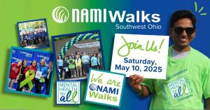 Indian man in NAMIWalks tshirt holds sign saying "Join us Saturday May 10, 2025"; images of groups at NAMIWalks events and the message Mental Health for All