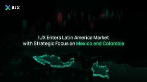 Map highlighting Mexico and Colombia with IUX logo and text about the company's strategic entry into the Latin American market.