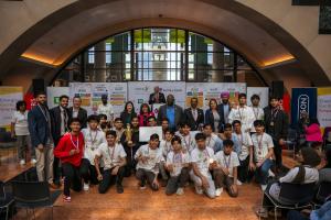 Groups of students proudly displaying their awards at the Mississauga Mayor's School Cricket Awards 2024.