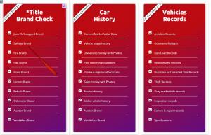  CARTRIA™ feature chart showing Title Brand Check, Car History, and Vehicle Records including accident history, salvage brand, odometer rollback, current market value, auction photos, service records, and more.