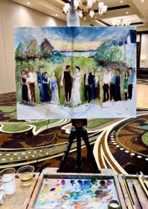 Oil painting of wedding reception on Ann M Bailey art easel