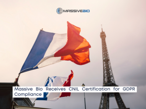 French flag waving near the Eiffel Tower with Massive Bio logo and the text "Massive Bio Receives CNIL Certification for GDPR Compliance" displayed, symbolizing data privacy approval in France.
