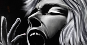 Monochrome digital artwork titled Here I Am, depicting a screaming woman with long flowing hair and a raised hand, capturing visceral emotion and dramatic contrast.