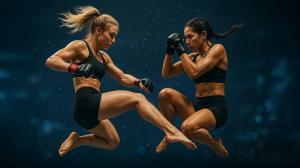 Two female MMA fighters training in zero gravity.