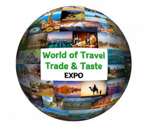 World globe sphere with photo collage of different countries and centre title World of Travel Trade & Taste EXPO