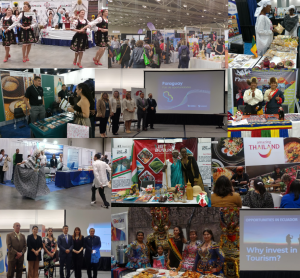 Collage of different photos of the World of Travel Expo in North America