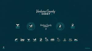 Ventura County Coast brand refresh iconography featuring updated logos, seals, and coastal-themed icons including a pelican, whale tail, mission bell, palm tree, surfer, lighthouse, Jeep, and Channel Islands arch, all set against a deep teal background.