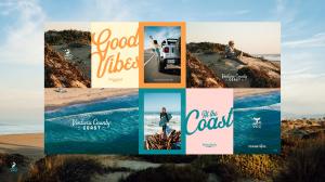 A collage-style promotional image for Ventura County Coast's brand refresh, showcasing a vibrant and cohesive color palette inspired by coastal living. The design integrates soft sand tones, ocean blues, and warm sunset oranges. Images include a beach dun