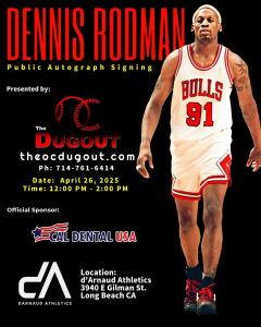 Dennis Rodman signing autographs at a public fan event in Long Beach, California, hosted by The OC Dugout and sponsored by Cal Dental USA.