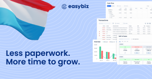 EasyBiz accounting dashboard interface with charts, cash flow tools, and VAT overview, alongside Luxembourg flag and slogan “Less paperwork. More time to grow.”
