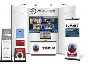 A virtual exhibit hall booth showing videos, downloadable PDFs and resources for EMS agencies at the EMS Leadership Summit