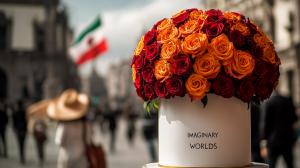 Ramo Buchón floral arrangement with red and orange preserved roses in Zócalo Mexico City, Imaginary Worlds branding on box.