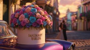 Pink, purple, and teal preserved roses in a Ramo Buchón arrangement on a purple vintage car with a couple in the background.