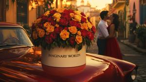 Ramo Buchón floral box with red and yellow preserved roses on red car, kissing couple in romantic Mexican street.