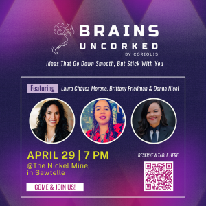 A flyer offering information on the first installment of Brains Uncorked, a new LA lecture series. This first installment is April 29, 7 PM, at The Nickel Mine (11363 Santa Monica Blvd, Los Angeles, CA 90025).