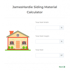 Illustration of a house with red measurement lines showing how to enter wall width and height into SFW Construction's JamesHardie Siding Material Calculator.
