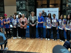 A school cricket team poses with Mississauga Mayor Carolyn Parrish and special guests, celebrating their achievement at the 2025 OSCA Mayor’s School Cricket Awards.