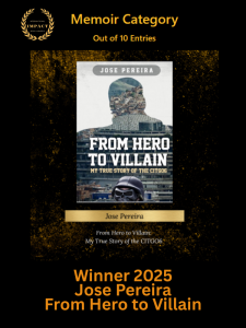 black bckground book fromhero to villain with gold sparkles highlightinh book 2025 winner