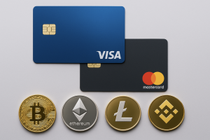 A visa and mastercard next to physical coins representing Bitcoin, Ethereum, Litecoin and Binance Coin