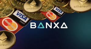 The banxa logo surrounded by physical cryptocurrency coins and credit/debit cards