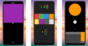 Three smartphone screens displaying the Proportia app with distinct features: an orange circle and white circle of different sizes, a bar chart, and a color and shape picker, arranged side by side.