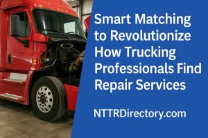 Truck driver using a tablet displaying NTTRDirectory.com’s Smart Matching system to locate nearby verified truck repair shops.
