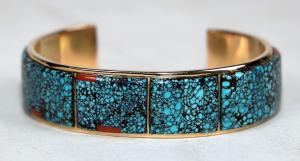 Masterpiece 14k gold and spiderweb turquoise bracelet custom-made and designed by Navajo jewelry craftsman Tom Willeto of Laguna, N.M., several decades ago. Estimate: $4,000-$10,000