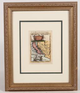 Original copper engraving map, circa 1685, showing California as an island, with later hand-coloring from AM Mallet, 6 ½ inches by 4 ½ inches minus frame. Estimate: $1,000-$2,000