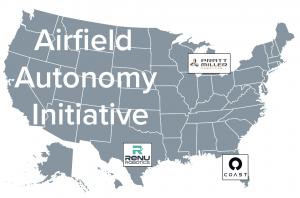 Map of the United States titled “Airfield Autonomy Initiative,” with company logos marking the locations of three autonomous technology testing facilities: COAST Autonomous in Florida, Renu Robotics in Texas, and Pratt Miller Engineering in Michigan.