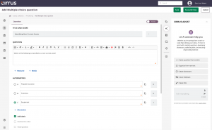 Screenshot of the Cirrus platform highlighting the Cirrus Assist AI authoring tool, which helps users create and refine multiple-choice questions with options to generate titles, distractors, and feedback.