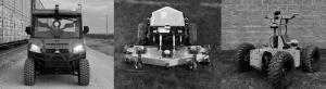 Image showing three autonomous vehicles, left to right: COAST Autonomous ProXD FOD Sweeper for debris sweeping, Renu Robotics’ Renubot for vegetation management, and PME’s FRP-L for perimeter security—each featured in the Airfield Autonomy Initiative (AAI)-Next program.