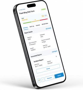Mobile view of the RISE SMS risk report screen showing a moderate risk score, flight details, and associated incident reports on a smartphone screen.