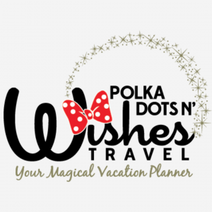 Logo for “Polka Dots N’ Wishes Travel,” featuring playful, cursive and bold fonts. The word "Wishes" is stylized with a red and white polka dot bow replacing the dot on the "i." A golden arc of sparkling stars curves above the text. Tagline reads: “Your M