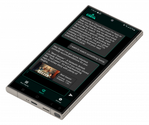 A mobile showing the Circuit Cinema app's AI chatbot screen and a conversation in which the AI is recommending a funny movie in response to a user's request.