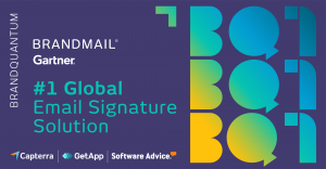 BrandMail and Gartner logos with text: "#1 Global Email Signature Solution" and logos for Capterra, GetApp, and Software Advice on a blue background with colorful graphic elements.