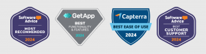 Four award badges for 2024 from Software Advice, GetApp, and Capterra, highlighting BrandMail's wins in the recommendations, functionality, ease of use, and customer support categories.