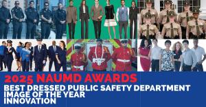 Collage of 2025 NAUMD Award-winning uniform programs representing public safety, hospitality, and transportation sectors.